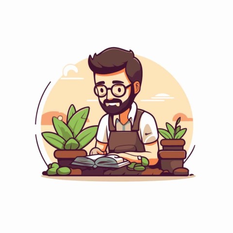 Gardener man working with plants. Vector illustration in cartoon