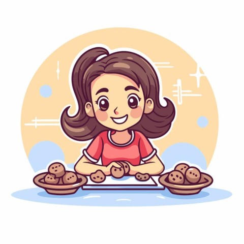 Cute little girl making cookies. Vector illustration in cartoon