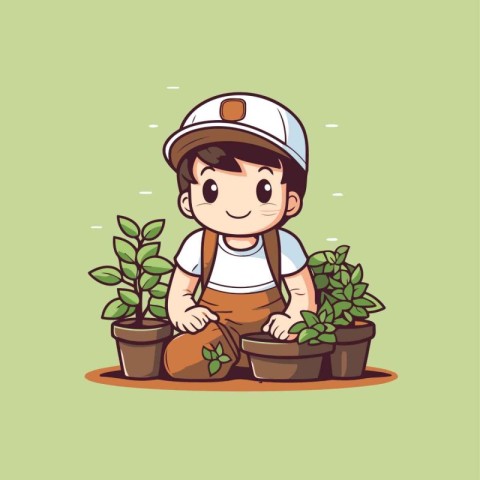 Cute little boy planting plants in the garden. Vector illustrati