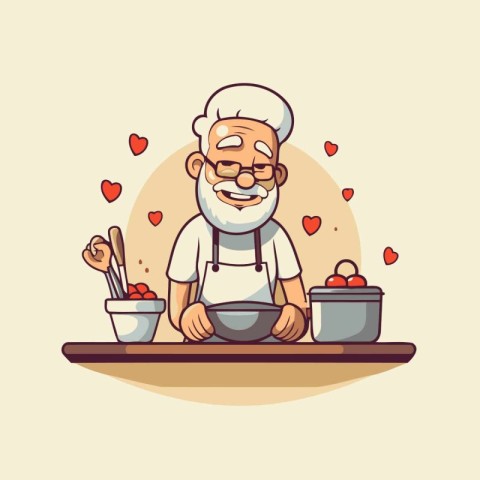 Grandfather cooking in the kitchen. Vector illustration in carto