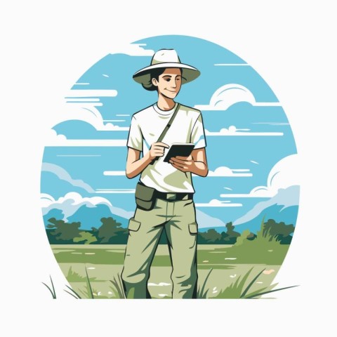 Vector illustration of a young man in a hat with a tablet.