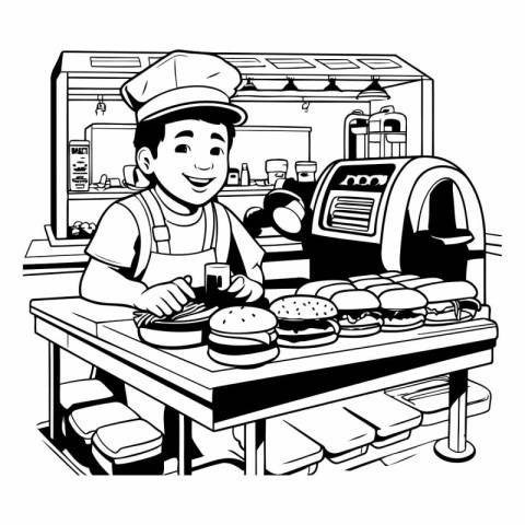 Baker at the counter of the fast food restaurant. Vector illustr