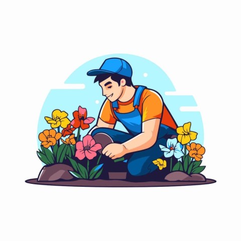 Gardener working in the garden. planting flowers. Vector illustr