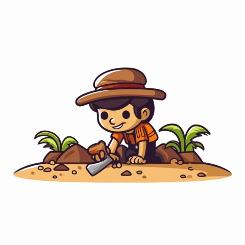 Cute boy digging a hole in the sand. Vector illustration.