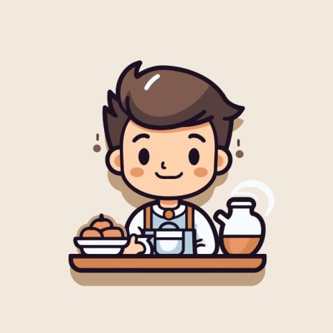 Cute cartoon boy with coffee and tea. Vector illustration for yo