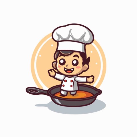 Cute chef boy cartoon cooking in a frying pan vector illustratio