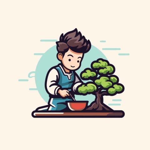 Vector illustration of a boy in apron cooking bonsai.