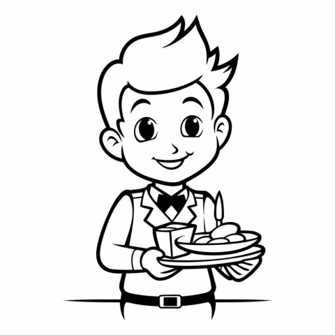 Cartoon waiter holding a tray of food - Black and White Vector I