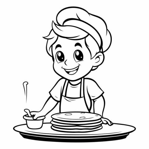 Black and White Cartoon Illustration of Cute Little Boy Chef wit