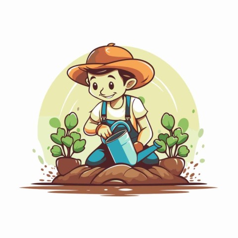 Cartoon gardener boy working in the garden. Vector illustration.