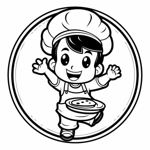 Black and White Cartoon Illustration of Cute Little Boy Chef wit