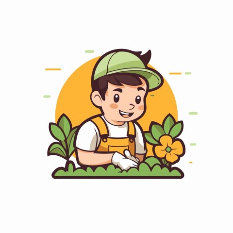 Cute little boy gardening vector illustration. Cartoon little bo