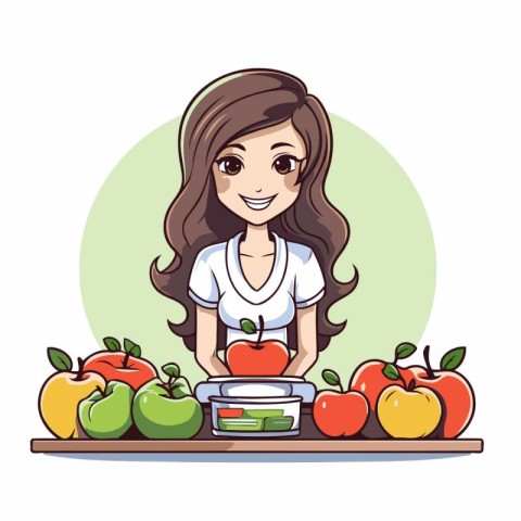 Cute girl with fresh fruits. Vector illustration in cartoon styl