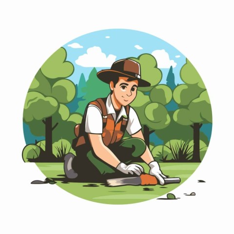 Gardener working in the garden. Vector illustration in cartoon s