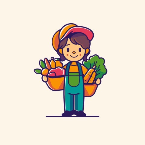 Cute farmer boy with a basket of vegetables. Vector illustration