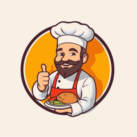 Chef holding a plate with fried chicken and thumbs up. Vector il