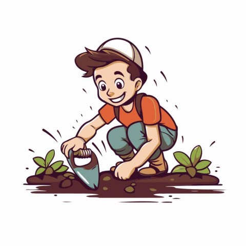 Cute little boy working in the garden. Cartoon vector illustrati