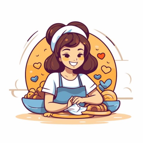 Cute little girl baking cookies. Vector illustration in cartoon