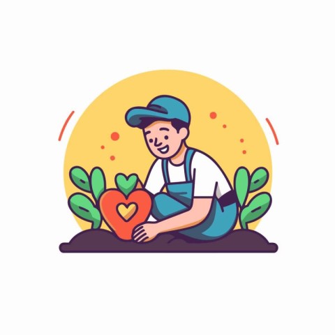 Gardener man planting seedlings in the ground. Flat vector illus