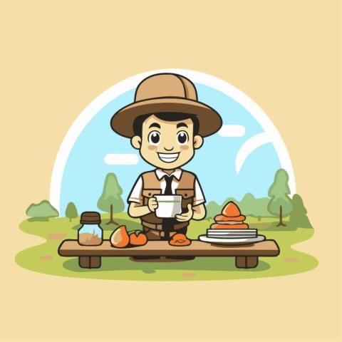 farmer with coffee pot and pancakes in the park. vector illustra