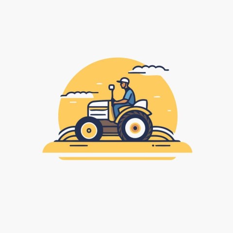 Farmer driving a tractor. Vector illustration in thin line style