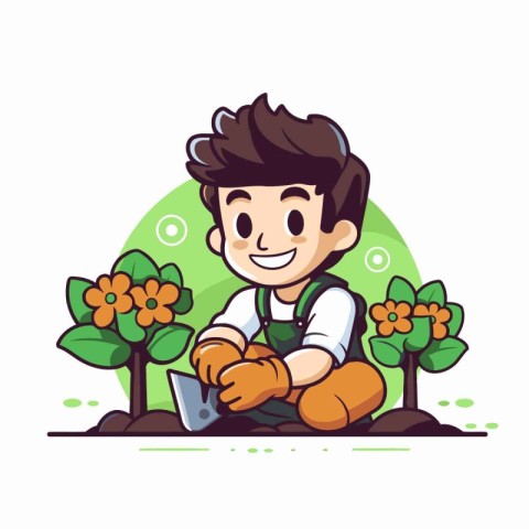 Cute boy working in the garden. Vector flat cartoon illustration