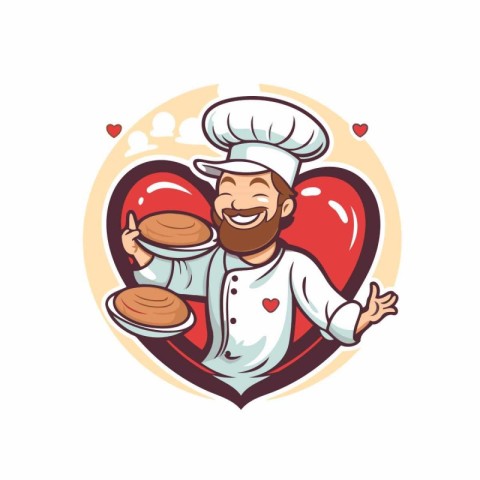 Chef with bread in the heart shape. Vector illustration in carto