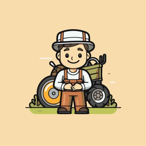 Farmer cartoon character with tractor. Vector illustration in a