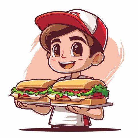 Cartoon character of a boy in a cap holding a sandwich.