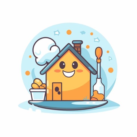 Cute cartoon house with kitchen utensils. Vector illustration.