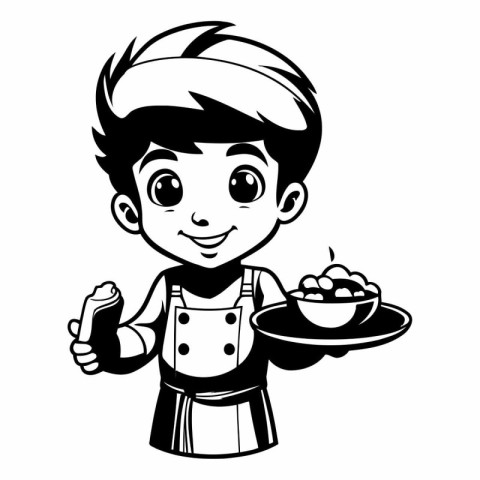 Cute cartoon chef with a plate of food. Vector illustration.