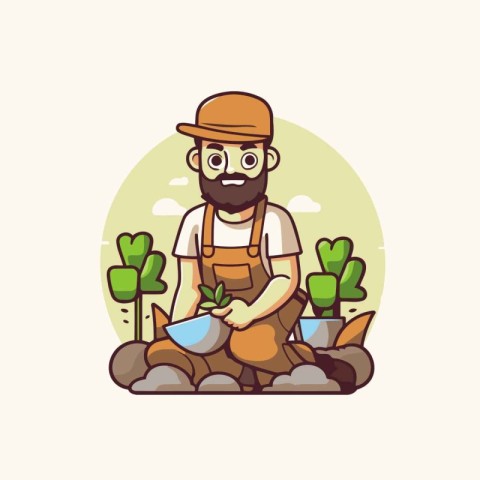 Gardener cartoon character in flat style. Gardening concept. Vec