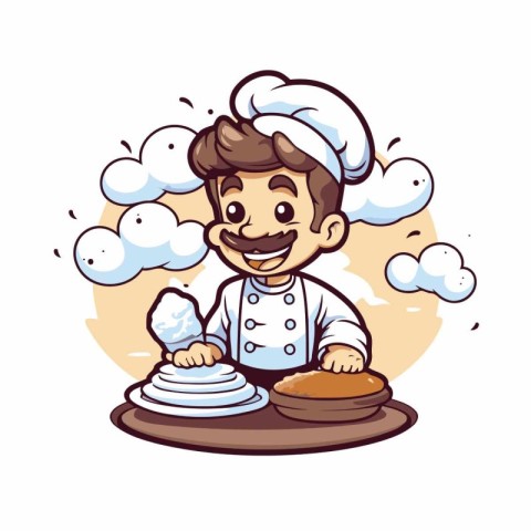 Illustration of a Cute Male Chef Holding Stack of Biscuits