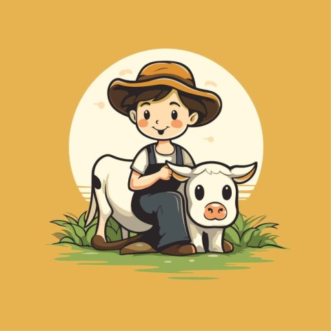 Farmer and cow on the meadow. Cute cartoon vector illustration.