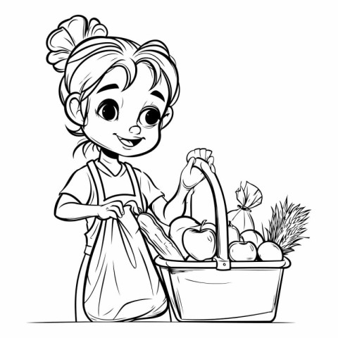 Cute little girl with basket of fruits and vegetables. Vector il