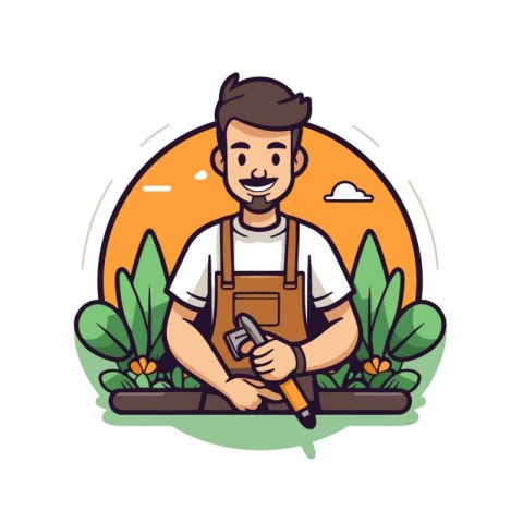 Handsome gardener with tools. Vector illustration in cartoon sty