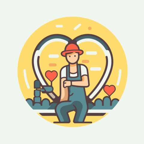 Gardener in love. Flat style vector illustration. Round icon.