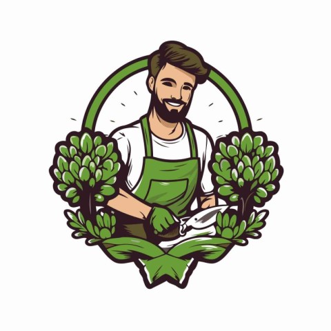 Gardener with pruner. Vector illustration on white background.