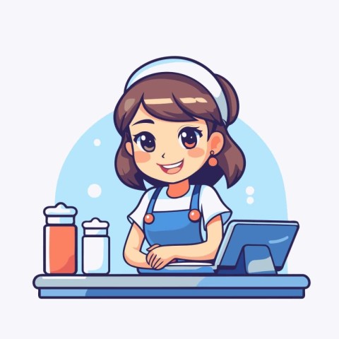 Cute girl in apron with a laptop. Vector illustration.