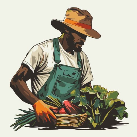 Farmer with a basket of fresh vegetables. Vector illustration in