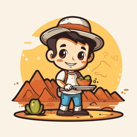 Cute little farmer holding a tray of fruits. Vector illustration