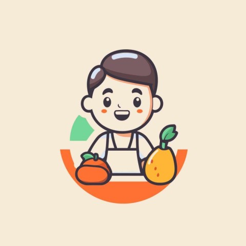 Cute little boy with fruits and vegetables. Vector flat illustra