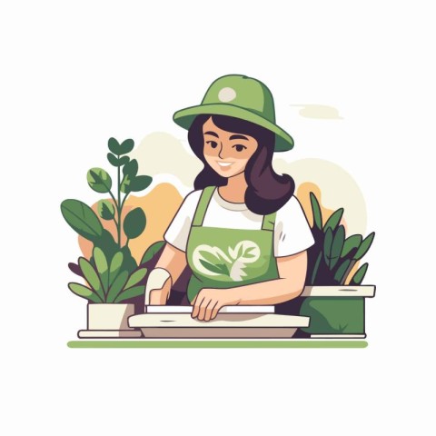 Woman gardener in hat and green apron working in the garden. vec