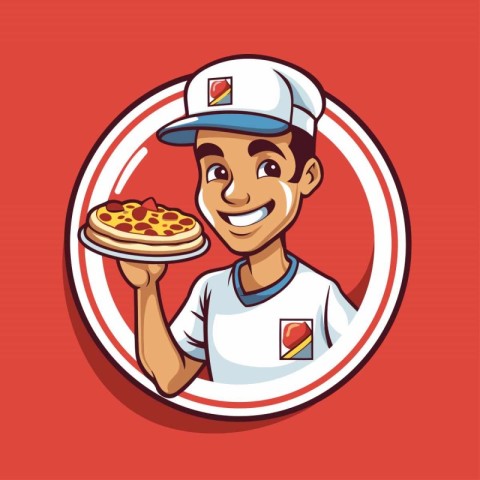 Pizza delivery man cartoon icon. Fast food restaurant and menu t