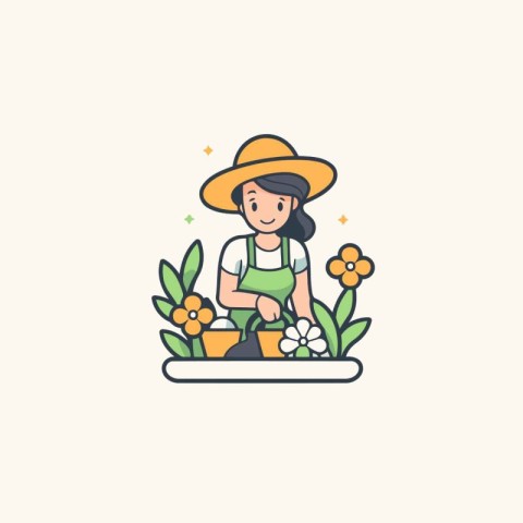 Gardening vector line icon. Woman gardener in hat and apron plan