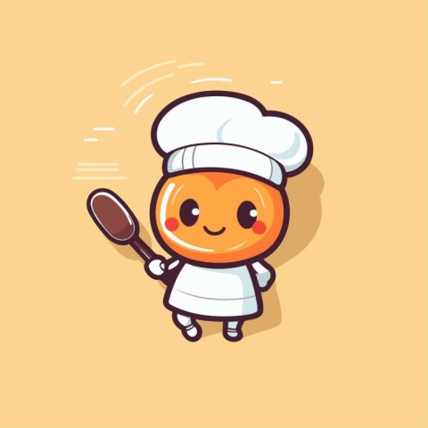 Cute cartoon chef character with spoon and chef hat. Vector illu