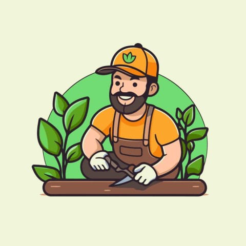 Gardener with a shovel in his hand. Vector illustration.