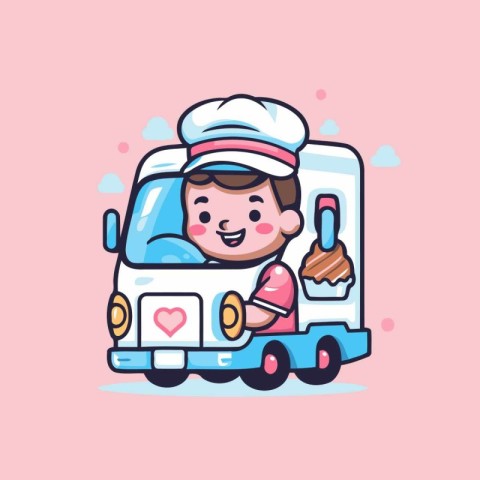 Cute little boy with ice cream truck. Cartoon vector illustratio