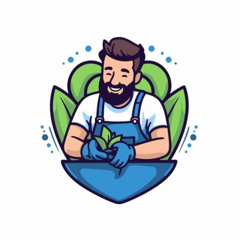 Handsome man gardener holding a plant. Vector illustration.