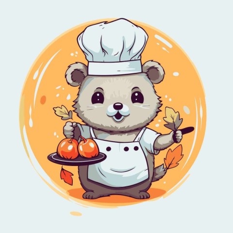 Cute cartoon hamster chef holding a plate of orange. Vector illu